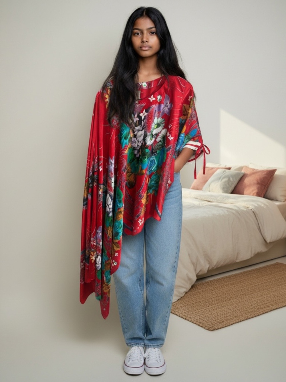 Red Floral Satiny Asymmetric Poncho Top New